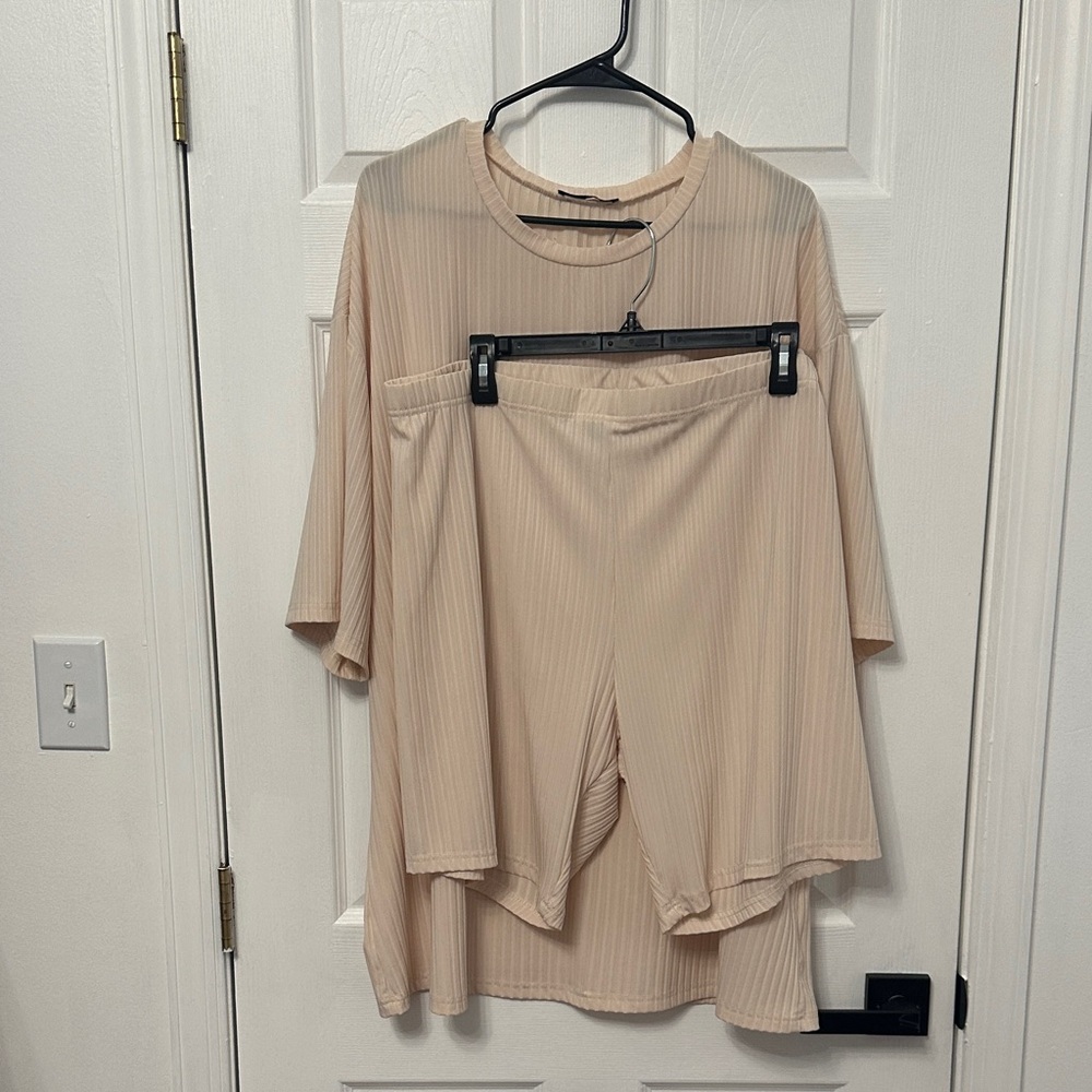 Elegant Beige Plus Women's Top and Shorts Set
